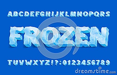 Frozen alphabet font. 3D ice letters and numbers with shadow. Vector Illustration