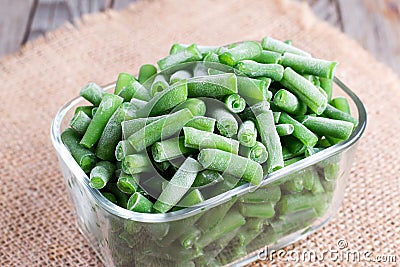 Frozen asparagus beans in a glass box Stock Photo