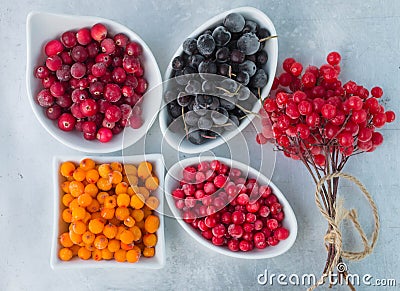 Frozen berries on a grey metallic background - aronia, cranberries, sea buckthorn, viburnum, cowberry Stock Photo