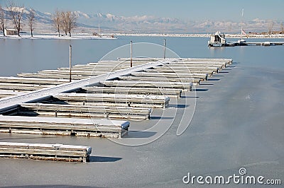 Frozen boat harbor Stock Photo