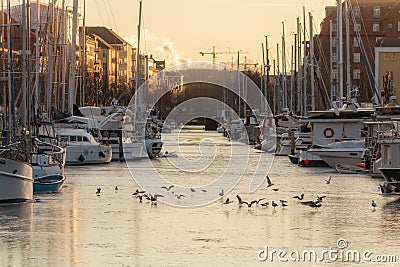 Frozen boat and ships canal in Christianshavn - Copenhagen Denmark Stock Photo