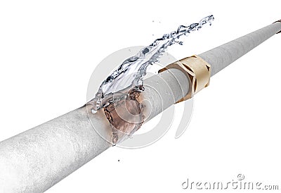 Frozen broken pipe is leaking water, isolated on white Cartoon Illustration