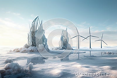 frozen and broken wind turbines in isolation Stock Photo