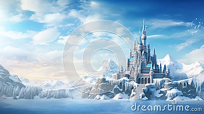 Frozen Castle with snow fall mountains Stock Photo