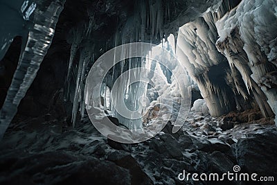 frozen cavern, showing different view of the same scene: close-up of intricate ice crystals and patterns Stock Photo