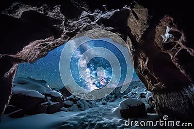 frozen cavern, with view of distant starry sky, and celestial bodies visible Stock Photo