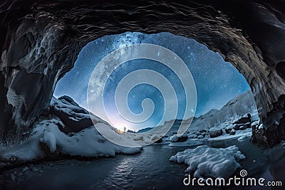 frozen cavern, with view of distant starry sky, and celestial bodies visible Stock Photo
