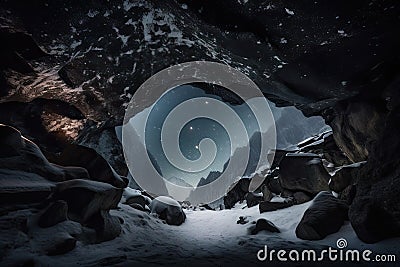 frozen cavern, with view of the night sky and glittering stars Stock Photo