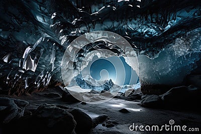 frozen cavern, with view of the night sky and shining stars visible through the ice Stock Photo