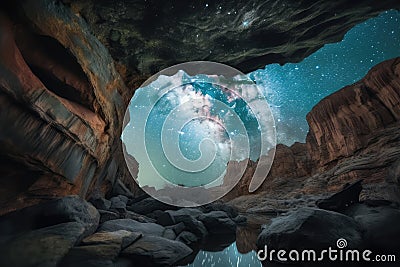 frozen cavern, with view of the sky above, and stars shining brightly Stock Photo
