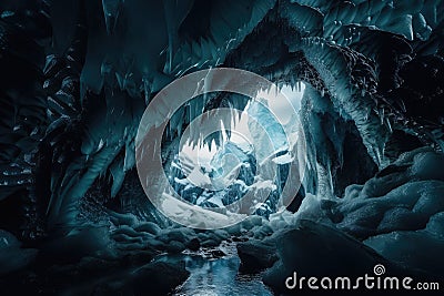 frozen cavern, with view of vast and starry sky, highlighting the coldness and beauty of the environment Stock Photo