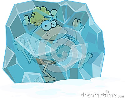 Frozen CaveWoman Cartoon Character In A Block Of Ice Vector Illustration