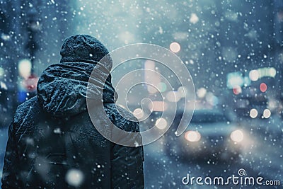 Frozen city, a lonely man walks down the street wrapped in a jacket, snowstorm, gusty wind Stock Photo