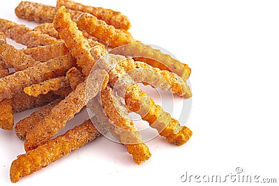 Frozen Crinkled Sweet Potato Fries on a White Background Stock Photo