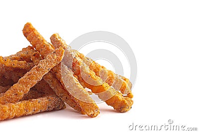 Frozen Crinkled Sweet Potato Fries on a White Background Stock Photo