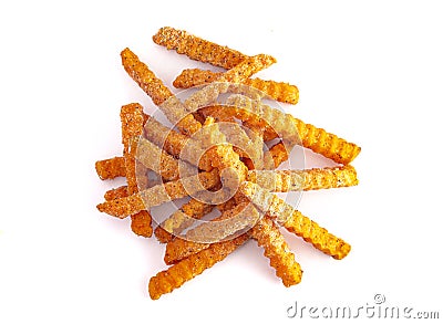 Frozen Crinkled Sweet Potato Fries on a White Background Stock Photo