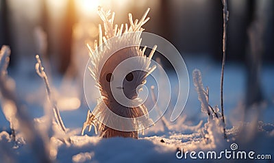 Frozen doll on the snow in the winter forest at sunset. Small figure of fantasy creature made from ice in the snow with bokeh Stock Photo