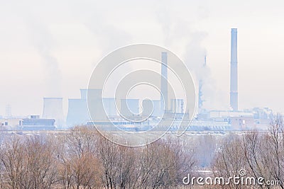 Frozen dry trees in winter and industrial furnaces. Coloured pan Stock Photo