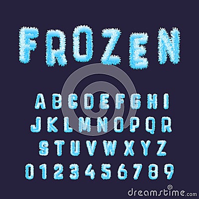 Frozen font alphabet template. Set of blue white hoarfrost numbers and letters Vector Illustration