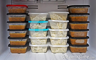 Frozen food in the freezer: rice and beans in individual portions Stock Photo