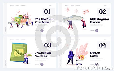 Frozen Food Website Landing Page Set. People Customers Buying Refrigerated and Healthy Eco Products Vector Illustration