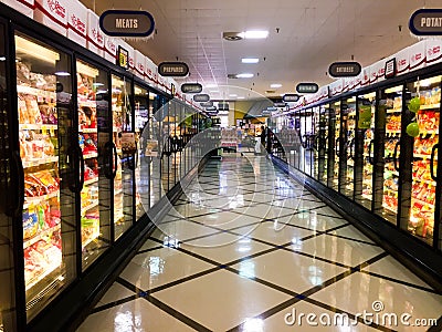 Frozen foods aisle of grocery store. Editorial Stock Photo