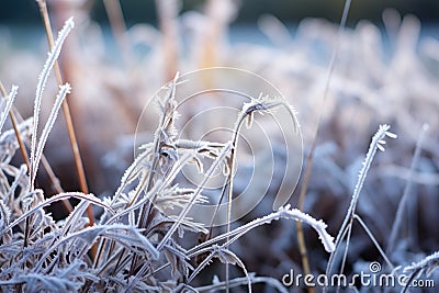 Frozen green grass, grass covered with frost in winter Stock Photo