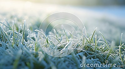 Frozen green grass, grass covered with frost in winter Stock Photo