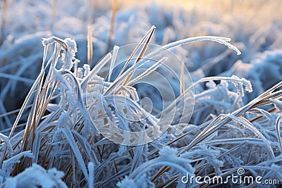 Frozen green grass, grass covered with frost in winter Stock Photo