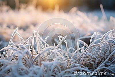 Frozen green grass, grass covered with frost in winter Stock Photo