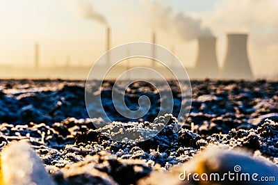 Frozen ground at oil refinery Stock Photo
