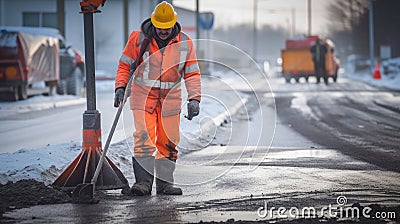 Frozen Ground, Unyielding Spirit, Road Worker Braving Winter with Jackhammer. Generative AI Stock Photo