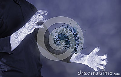 Frozen hands with cold stone shattering Stock Photo