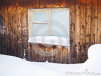Frozen hut window in winter. Frost on glass. Snow and snowdrifts. Wooden wall of the house. Rural illustration on winter theme Cartoon Illustration