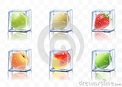 Frozen juicy fruits in ice cubes, apple, melon, lime, strawberry, peach, mango. Realistic 3d vector illustration. frozen berry for Vector Illustration