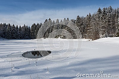 Frozen lake with little water hole Stock Photo