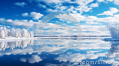 A frozen lake reflecting a clear blue sky and clouds Stock Photo