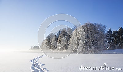 Frozen lake with shoe prints Stock Photo