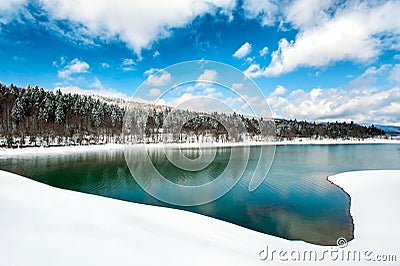 Beautiful landscape with frozen lake in spring time Stock Photo