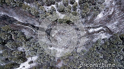 Frozen lake in the winter forest. Aerial photography with quadcopter Stock Photo