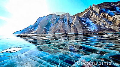 Frozen Lake in winter, Rocks and smooth transparent Ice on this Lake Stock Photo