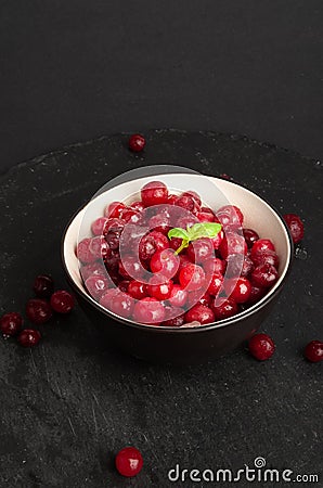 Frozen Lingonberry, Iced Cowberry, Snow Cranberry, Red Viburnum Berries, Frozen Lingonberry Stock Photo