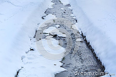 Frozen little river on winter cold day in city park Stock Photo