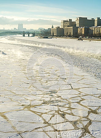 Frozen Moscow River, Embankment, Ministry of Defence, sunny wint Editorial Stock Photo