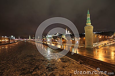 Frozen Moscow river and Kremlin by night Editorial Stock Photo