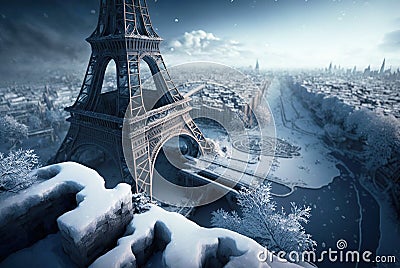 Frozen Paris in winter, snow and ice due to energy crisis, generative AI Stock Photo