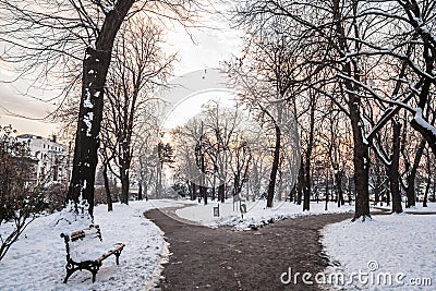 Frozen path in the park of Kalemegdan fortress, in Belgrade, Serbia, during a harsh winter afternoon at dusk Stock Photo