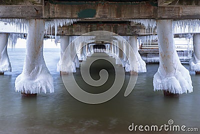 Frozen pier at Baltic Sea in Gdansk Stock Photo