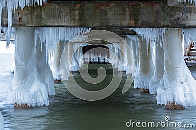 Frozen pier at Baltic Sea in Gdansk Stock Photo