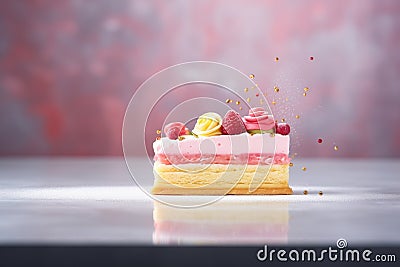 frozen raspberry cheesecake slice with chilled fog effect Stock Photo